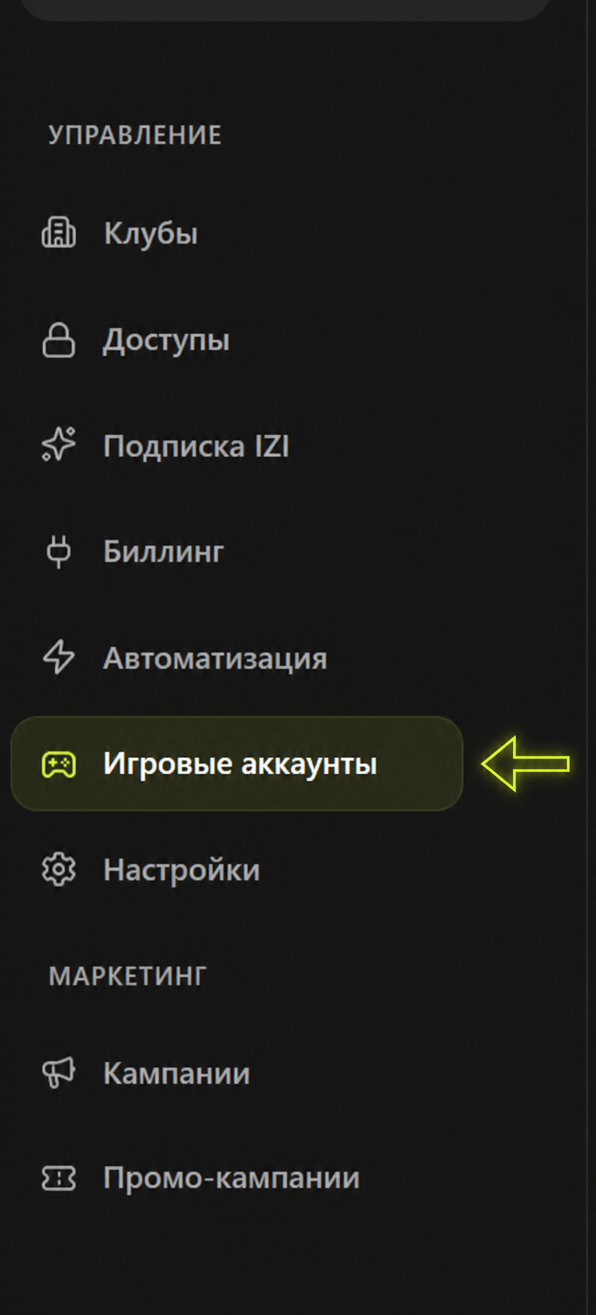Раздел «Игровые аккаунты» в меню CRM